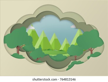 forest and mountains vector backgrounds. nature landscape in paper flame. paper art and craft style.