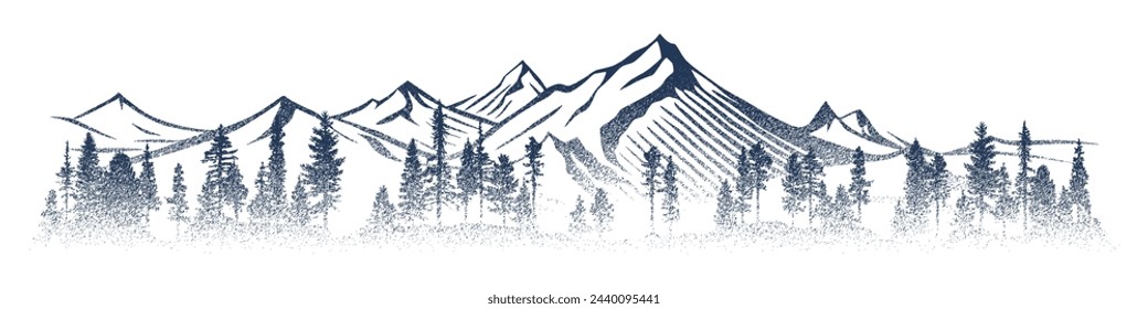 Forest and mountains, vignette. Vector sketch, imitation of a pencil drawing.