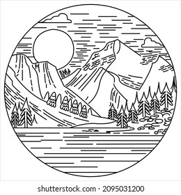 A FOREST WITH MOUNTAINS WITHIN A CIRCLE