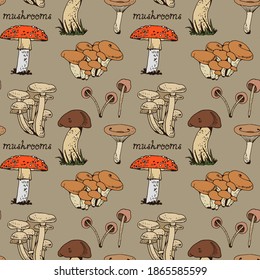 Forest mushooms vector pattern, seamless nature background