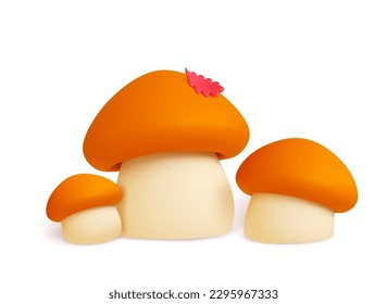 Forest mushroom 3d scene. Autumn plants, fall leaf on mushroom. Isolated seasonal vector realistic graphic elements. Harvest season