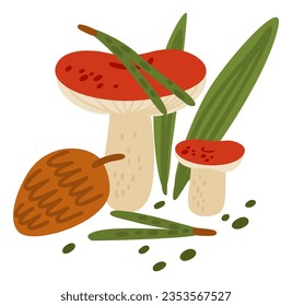 Forest mushroom. Boletus and leaves. Raw woodland food. Edible fungus. Conifer tree cone and grass twigs. Natural ingredient. Isolated organic russula. Vector wild