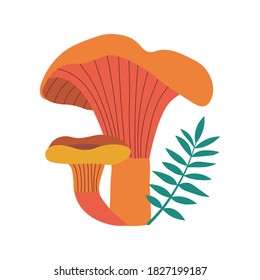 Forest mushroom cartoon illustration. Chanterelle fungi icon with leaves and brunches.