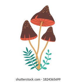 Forest mushroom cartoon illustration. Honey fungus icon with leaves and brunches.