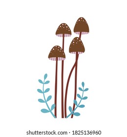 Forest mushroom cartoon illustration. Honey fungus icon with leaves and brunches.