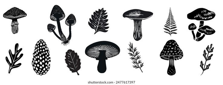  Forest mushroom, cone, leaf vector set with retro photocopy stipple effect, for grunge punk y2k collage design.  Autumn nature season. Vintage halftone element brutalist design for collage or poster
