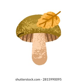 Forest mushroom with fallen autumn leaf on cap. Fall seasonal decoration, russula. Fungus, botanical design element, natural autumnal decor. Flat vector illustration isolated on white background