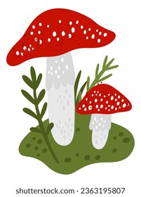 Forest mushroom. Fly agaric. Woodland nature. Poisonous and toxic fungi. Inedible fungus. Spotted red cup. Amanita muscaria and herbs. Magic ingredient. Vector wild