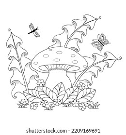 Forest mushroom, grass, flowers and butterflies on a white background. A simple coloring book for children and adults. Decorative element for design. Black contour drawing