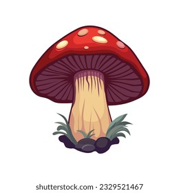 Forest Mushroom with a Green Grass on White Background. Vector
