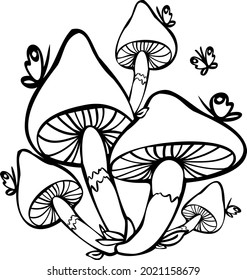 Forest mushroom , hand drawn isolate ilustration with butterfly