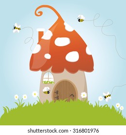 Forest mushroom house with bees, flowers, green grass and chimney