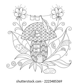 Forest mushroom house, grass and flowers on a white background. A simple coloring book for children and adults. Decorative element for design. Black contour drawing