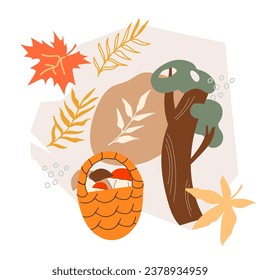 Forest mushroom hunting. Gathering delicious and nutritious fungi concept, flat vector illustration isolated on white background. Autumn forest with mushrooms.