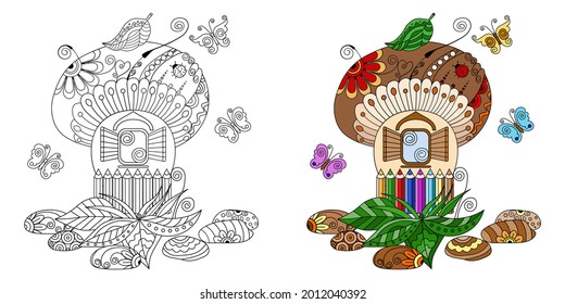Forest mushroom with a pattern of doodles, butterflies and leaves on a white background. Anti-stress coloring book for children and adults. A colorful decorative element for design