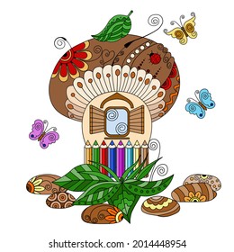 Forest mushroom with a pattern of doodles, butterflies and leaves on a white background. A colorful decorative element for design