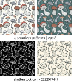 Forest mushroom patterns, set of 4  seamless patterns, various mushrooms on green, black and ivory background, lineart with coloring and monochrome vector graphic