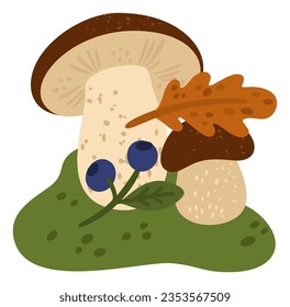 Forest mushroom. Porcini and leaves. Raw woodland food. Edible fungus. Blueberry and oak foliage. Natural ingredient. Autumn season. Boletus with plant twigs. Vector