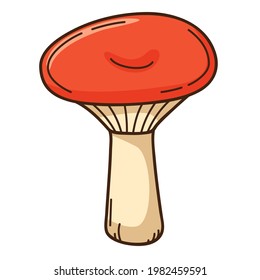 Forest mushroom with a red cap, black birch. A symbol of the forest, autumn, and harvest. Design element with outline. Doodle, hand-drawn. Flat design. Color vector illustration. Isolated on white.