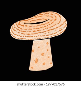 Forest mushroom vector illustration. Lactarius deliciosus, Saffron milk cap. Fungus hand drawing, autumn edible mushroom. Vegan natural food. Cute illustration on black background.