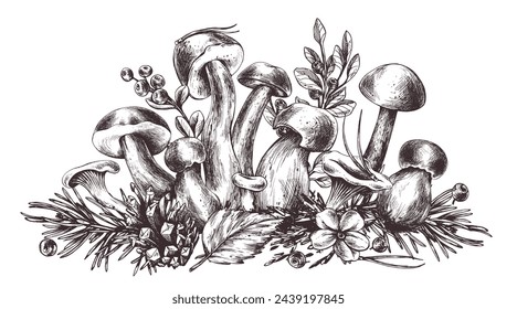 Forest mushrooms, boletus, chanterelles and blueberries, lingonberries, twigs, cones, leaves. Graphic botanical illustration hand drawn in brown ink. Isolated composition