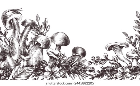 Forest mushrooms, boletus, chanterelles and blueberries, lingonberries, twigs, cones, leaves. Graphic illustration hand drawn in black ink. border, template EPS vector.