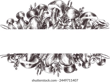 Forest mushrooms, boletus, chanterelles and blueberries, lingonberries, twigs, cones, leaves. Graphic illustration hand drawn in black ink. Frame, border, template EPS vector.