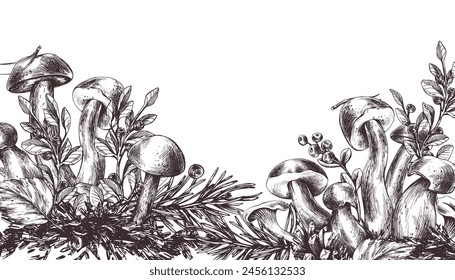 Forest mushrooms, boletus, chanterelles and blueberries, lingonberries, twigs, cones, leaves. Graphic illustration hand drawn in black ink. Frame, border, template EPS vector.