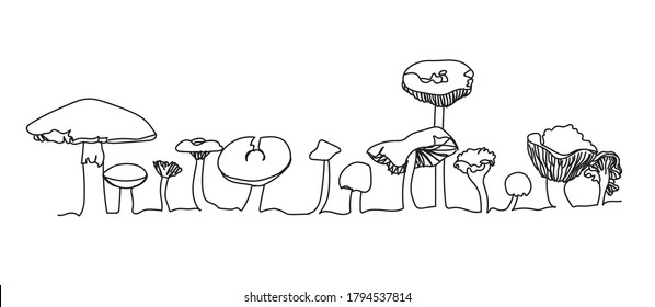 
Forest mushrooms. Botany, food. One line drawing.