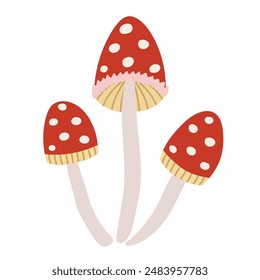 Forest mushrooms in cartoon style isolated on white background. Cute red fungus with cap and stalk. Hand drawn cute nature element for kids design. Vector illustration