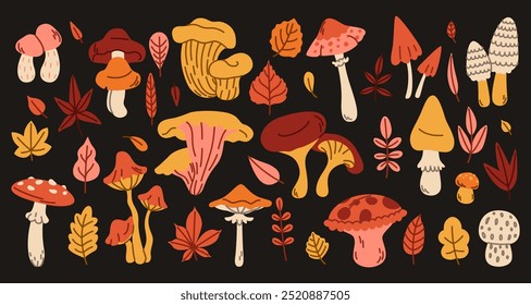 Cogumelos de floresta. Fungo de mata de desenhos animados com folhas. Bagas silvestres e agulhas de coníferas. Comestível e venenoso. Texturas desenhadas à mão. Agárico ou chanterelle. Bolota de carvalho. Conjunto de elementos botânicos vetoriais