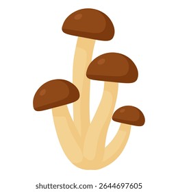 Forest mushrooms cluster with brown caps and beige stems. Cute cartoon fungi illustration. Edible woodland mushrooms drawing.