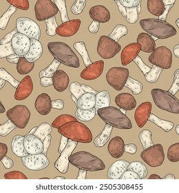 Forest mushrooms colorful pattern seamless with champignons and flywheels or porcini mushrooms for preparing delicious soup vector illustration