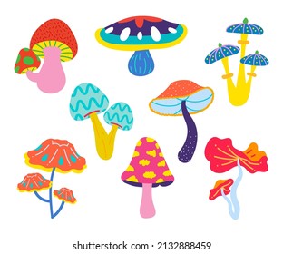 Hongos forestales. Ilustración plana Vector colorida sobre fondo blanco.