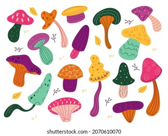 Forest mushrooms. Cute autumn mushroom with natural ornaments, bright colorful funny funguses, fantastic vegetable objects, edible and poisonous harvest, vector cartoon flat isolated set