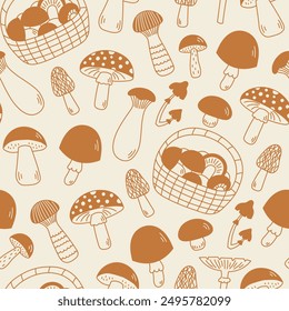 Forest Mushrooms Doodle Seamless Pattern. Hand drawn falling fungus brown endless background with basket cep boletus. Food package. Repeat vector illustration