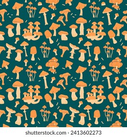 Forest mushrooms drawn in flat style on a dark background. Vector background