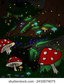 Forest with mushrooms. Glowing mushrooms. Fireflies. Grass. Flowers. Forest. Illustration. Illustrat3. Vector.