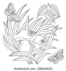 Forest mushrooms in the grass and butterflies with a doodle pattern on a white background. Anti-stress coloring book for children and adults.