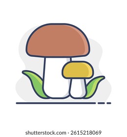 Forest mushrooms with a green grass vector icon. Camping and Hiking sign. Graph symbol for travel and tourism web site and apps design, logo, app, UI