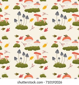 Forest mushrooms and leaves pattern background. Vector illustration