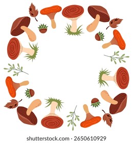 Forest mushrooms and leaves. Round frame wreath of mushrooms. Place for text. Vector decor for post, invitation, postcard.