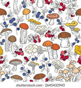 Cogumelos de floresta, lingonberry e ramos de mirtilo no branco. Fundo de natureza elegante. Padrão sem emenda do vetor. Perfeito para modelos de design, papel de parede, embalagem, tecido, impressão e têxtil. 