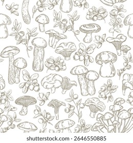 Cogumelos de floresta, lingonberry e ramos de mirtilo no branco. Fundo de natureza elegante. Padrão sem emenda de vetor monocromático. Perfeito para modelos de design, papel de parede, embalagem, tecido, impressão e texto