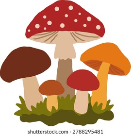 Forest mushrooms on moss flat vector illustration for autumn seasonal design