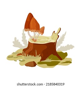 Forest mushrooms on an old stump in cartoon style.