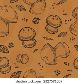 Forest with mushrooms, organic products and ingredients. Leaves and bugs on ground, ladybug and fungi vegetation. Seamless pattern, wallpaper background or print. Vector in flat style illustration