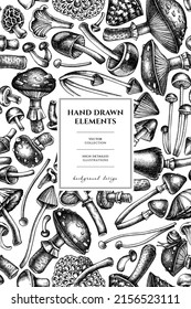 Forest mushrooms pattern card design. Hand drawn mushrooms, fly agaric, blewit, etc.