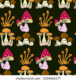 Forest mushrooms pattern. Vector illustration. Forest plant. Edible and non-edible mushrooms.
