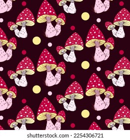 Forest mushrooms pattern. Vector illustration. Forest plant. Edible and non-edible mushrooms.